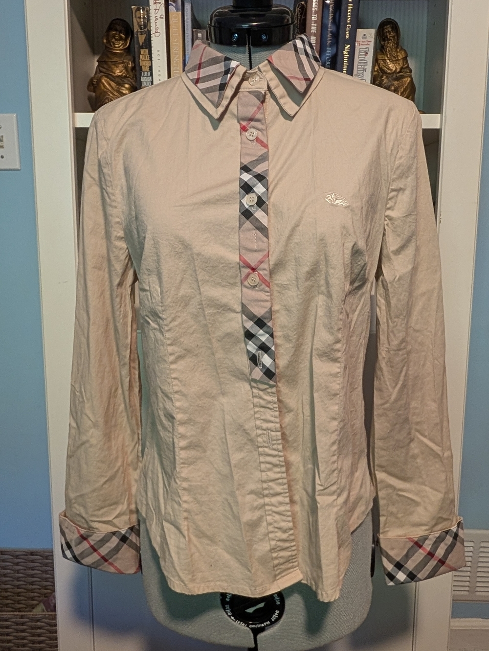 Burberry Beige Button-Down Shirt with Check Trim